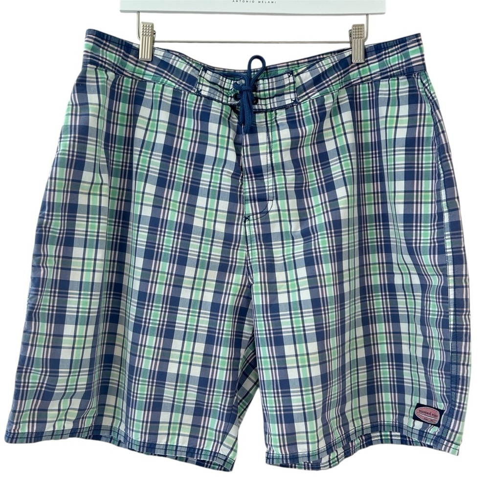 VINEYARD VINES Men's Chappy Swim Trunks Blue Green Plaid Size 40 Bathing Suit